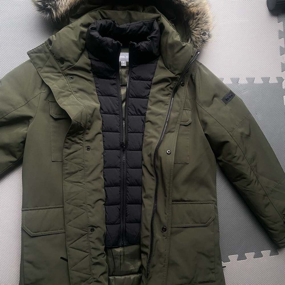 Michael Kors Olive Green Parka with Black Quilted Inner Layer